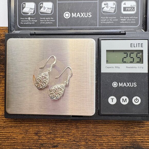 VTG Sterling Silver 925 Scroll Design Teardrop Dangle Earrings Size 1.25" Length - Picture 9 of 11